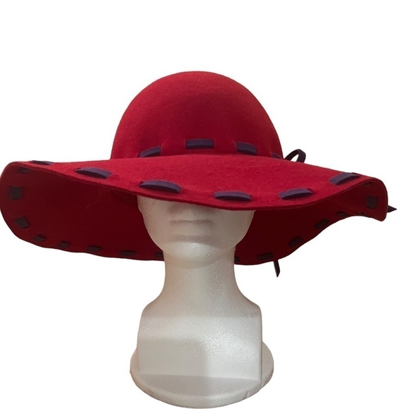 Cheveux Red & Purple 100% Wool Wide Brim Floppy Hat 15” - Picture 1 of 9